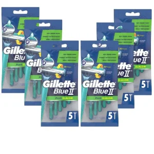 Pack Ahorro Gillette Blue II Plus Slalom – 30 Cuchillas Desechables (6×5), Doble Hoja con Revestimiento de Cromo, Banda Lubricante y Cabezal Pivotante para un Afeitado Suave